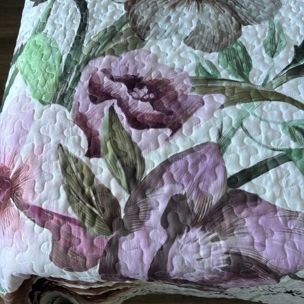 Boho Green & Purple Floral Reversible 3 Pc Bedding Quilt Queen Set Solid Shams